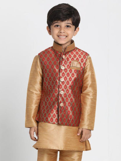 Vastramay  Boys' Maroon Cotton Silk Blend Nehru Jacket