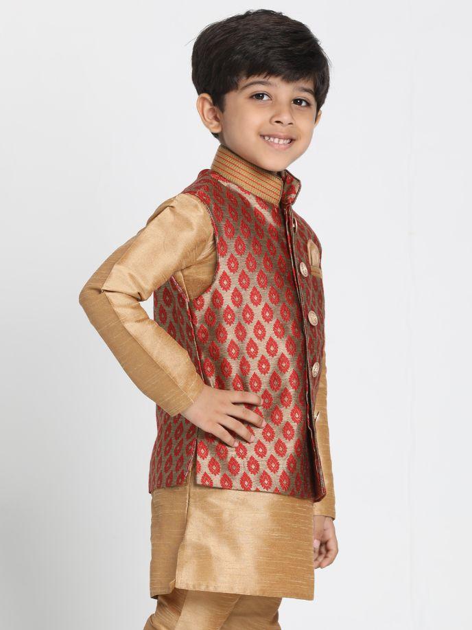 Vastramay  Boys' Maroon Cotton Silk Blend Nehru Jacket