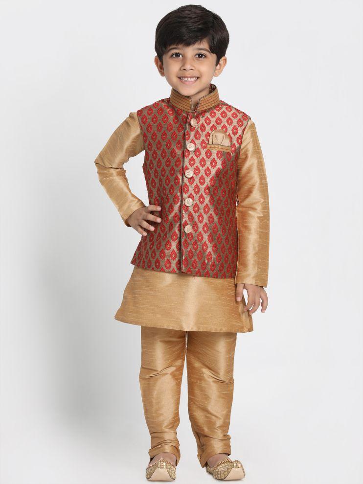 Vastramay  Boys' Maroon Cotton Silk Blend Nehru Jacket