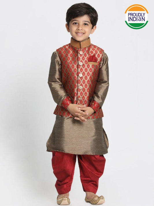 Vastramay Boys' Gold Cotton Silk Blend Ethnic Jacket, Kurta and Dhoti Pant Set