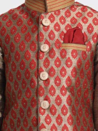 Vastramay Boys' Gold Cotton Silk Blend Ethnic Jacket, Kurta and Dhoti Pant Set
