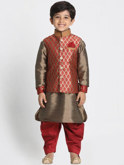 Vastramay Boys' Gold Cotton Silk Blend Ethnic Jacket, Kurta and Dhoti Pant Set