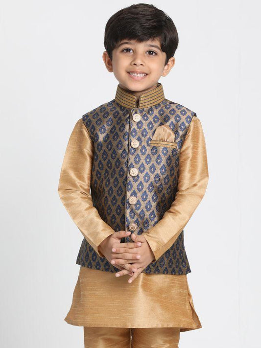 Vastramay  Boys' Deep Blue Cotton Silk Blend Nehru Jacket