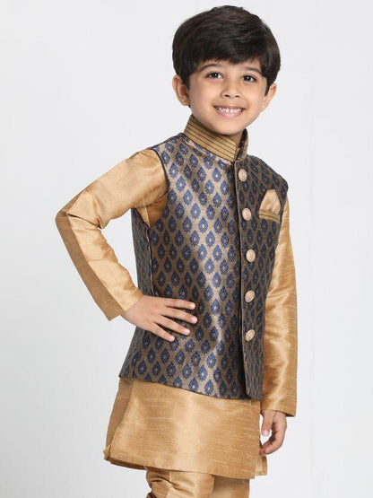 Vastramay  Boys' Deep Blue Cotton Silk Blend Nehru Jacket