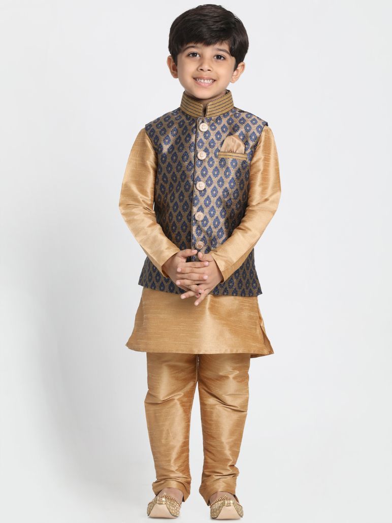 Vastramay  Boys' Deep Blue Cotton Silk Blend Nehru Jacket