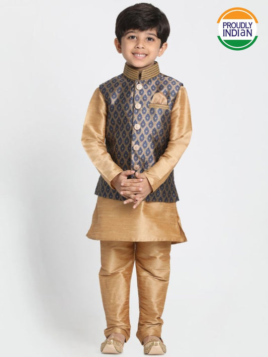 Vastramay Boys' Gold Cotton Silk Blend Kurta, Waistcoat and Pyjama Set
