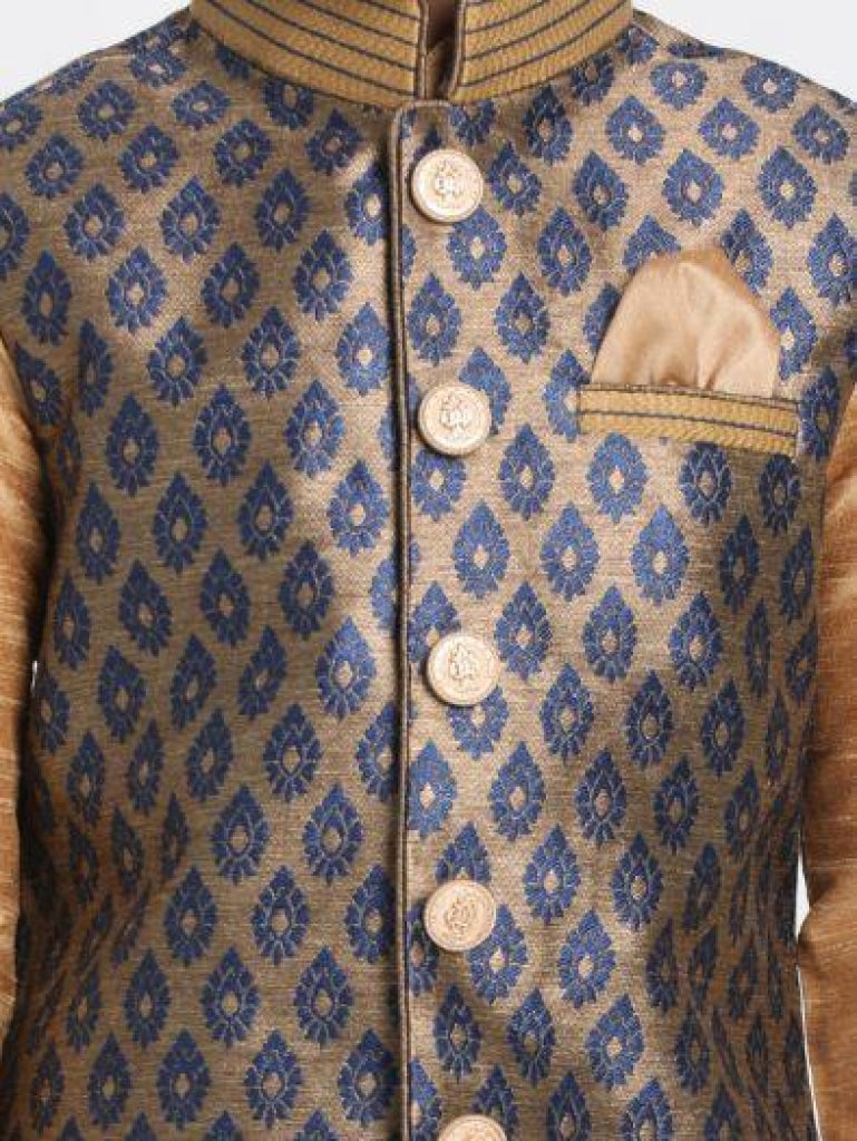 Vastramay Boys' Gold Cotton Silk Blend Kurta, Waistcoat and Pyjama Set