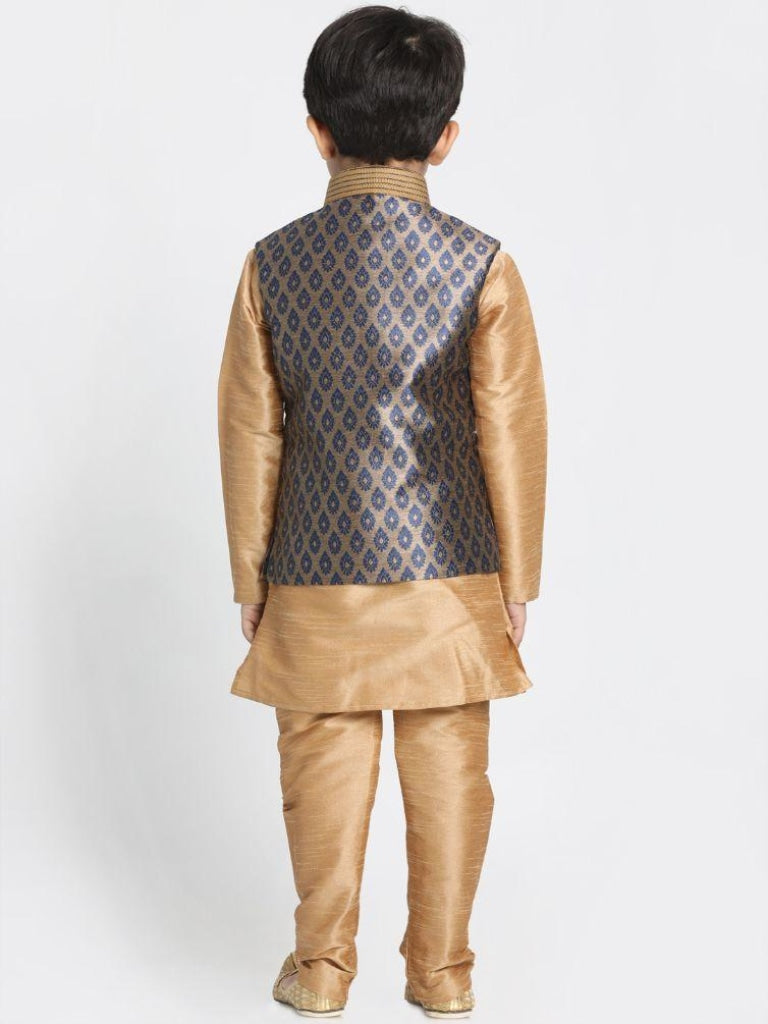Vastramay Boys' Gold Cotton Silk Blend Kurta, Waistcoat and Pyjama Set