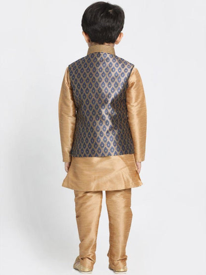 Vastramay Boys' Gold Cotton Silk Blend Kurta, Waistcoat and Pyjama Set