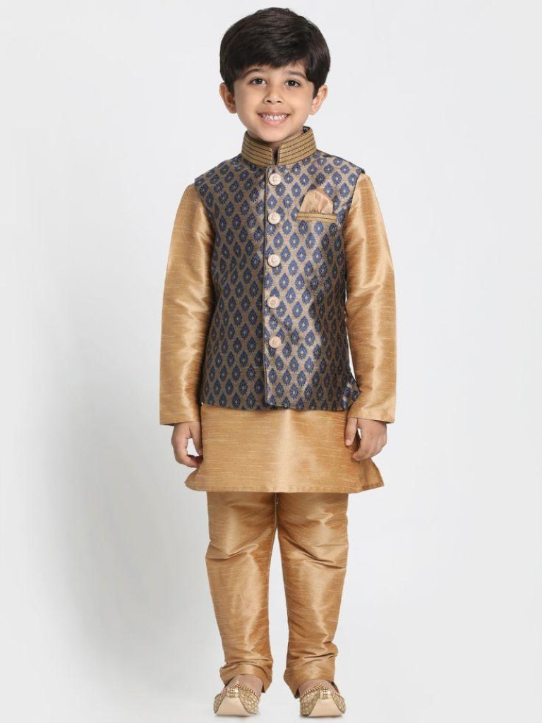 Vastramay Boys' Gold Cotton Silk Blend Kurta, Waistcoat and Pyjama Set