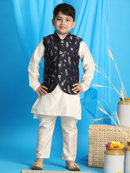 Vastramay boys navy blue golden printed jacket with cream color kurta pyjama set