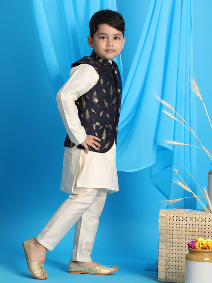 Vastramay boys navy blue golden printed jacket with cream color kurta pyjama set