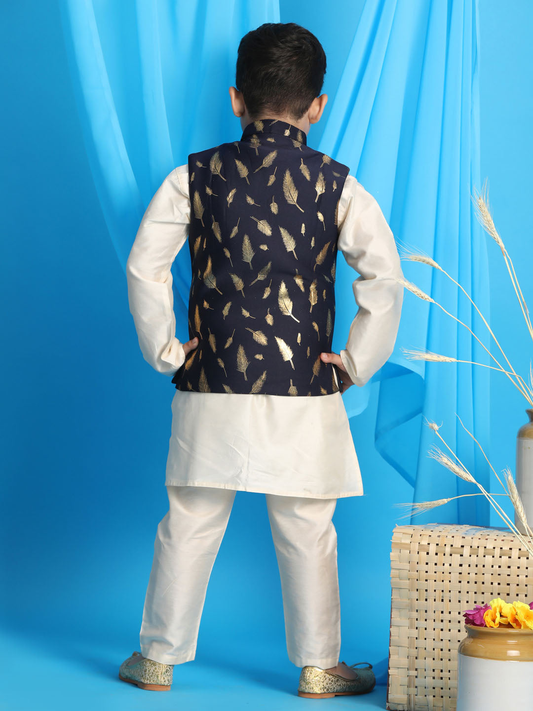 Vastramay boys navy blue golden printed jacket with cream color kurta pyjama set