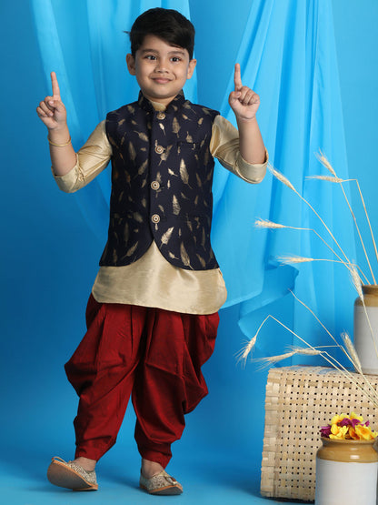 Vastramay boys navy blue golden printed nehru jacket with gold kurta and maroon dhoti set