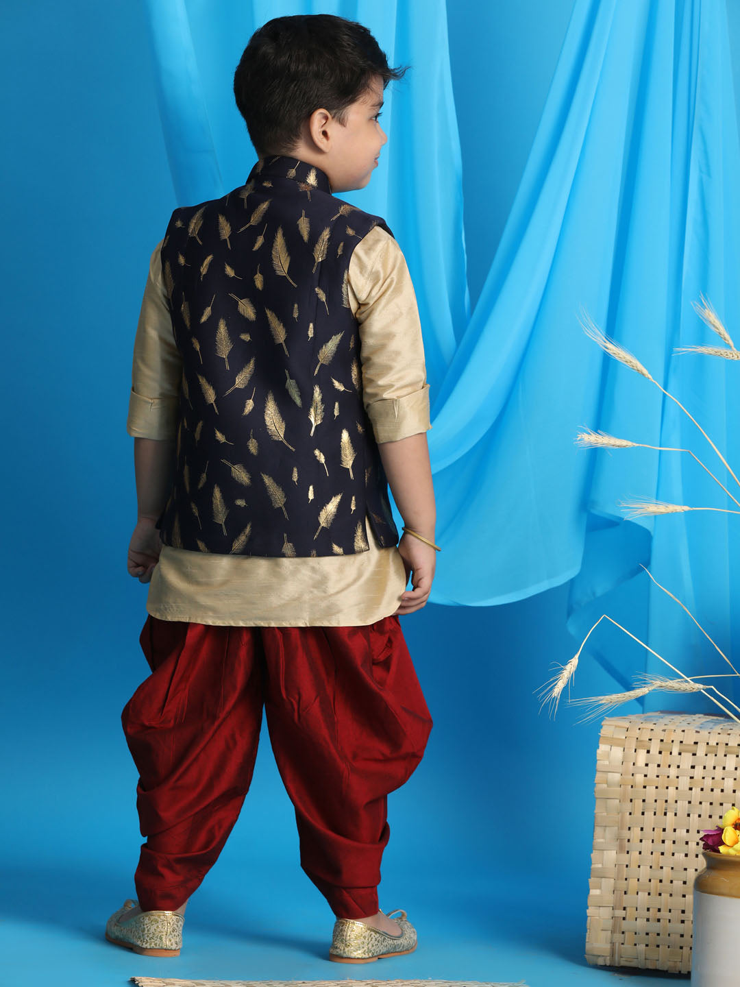 Vastramay boys navy blue golden printed nehru jacket with gold kurta and maroon dhoti set