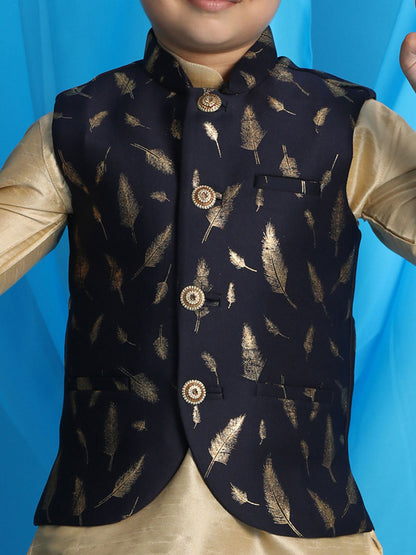 Vastramay boys navy blue golden printed nehru jacket with gold kurta and maroon dhoti set