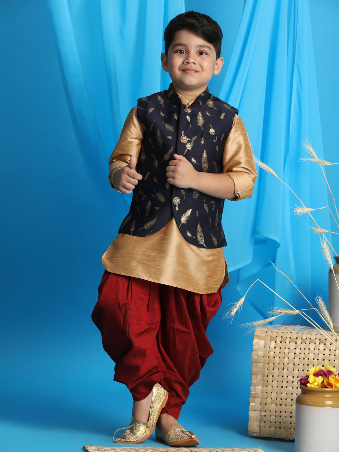 Vastramay boys navy blue golden printed nehru jacket with rose gold kurta and maroon dhoti set