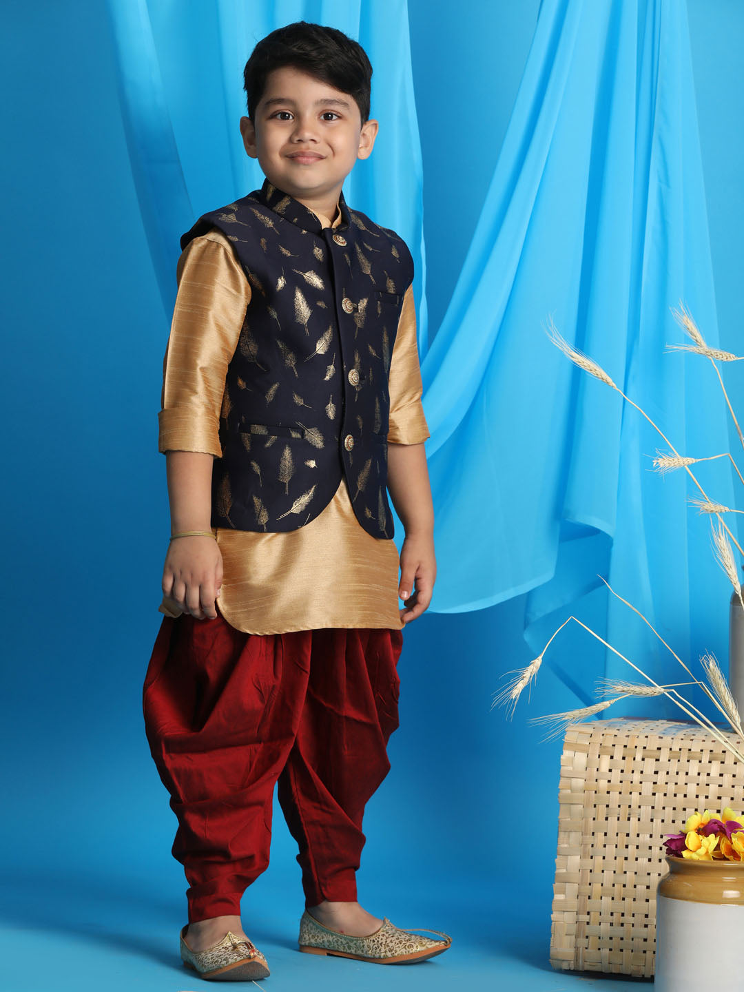 Vastramay boys navy blue golden printed nehru jacket with rose gold kurta and maroon dhoti set