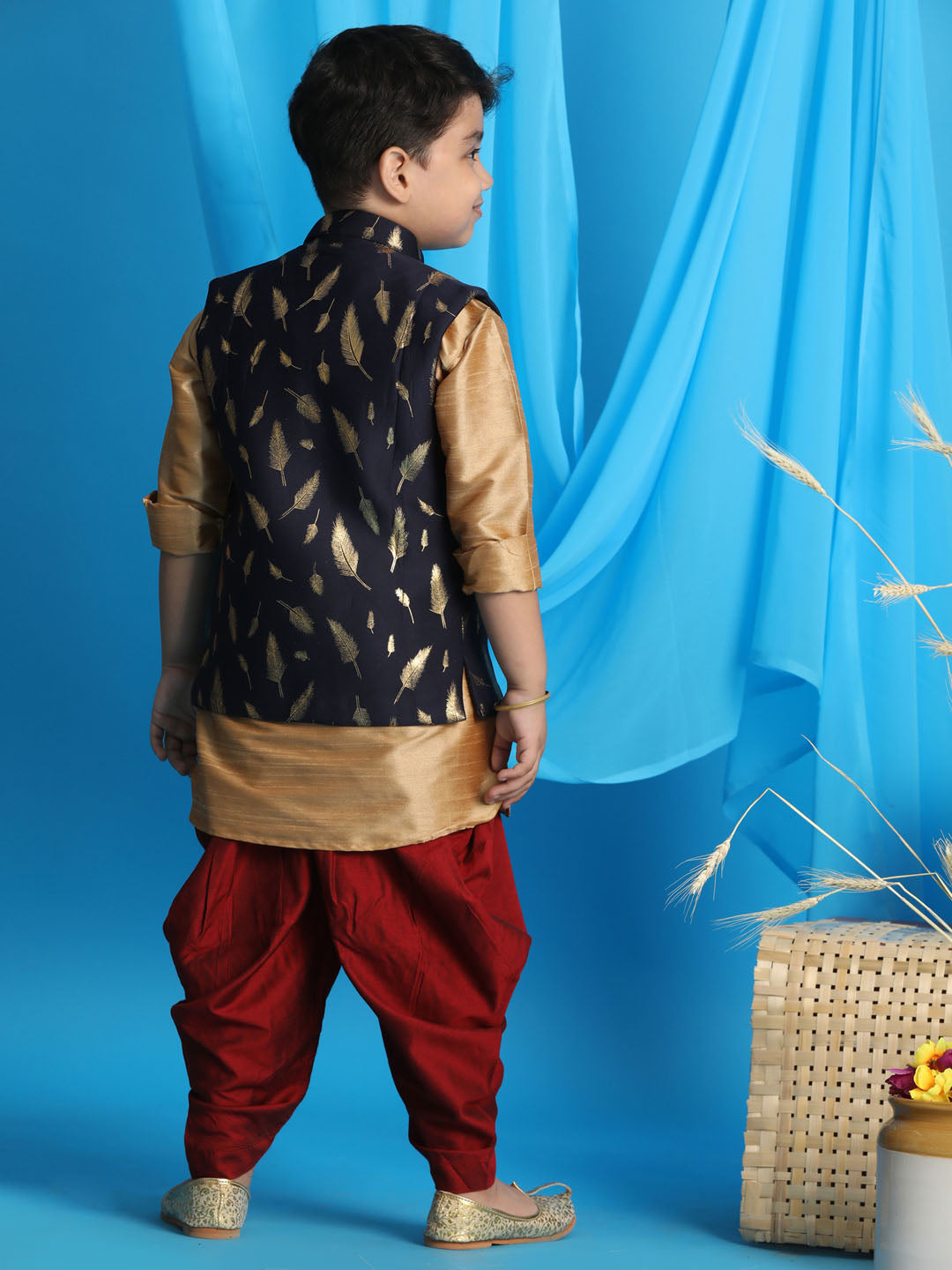 Vastramay boys navy blue golden printed nehru jacket with rose gold kurta and maroon dhoti set