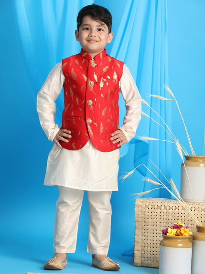 Vastramay boys red color golden printed jacket with cream color kurta pyjama set