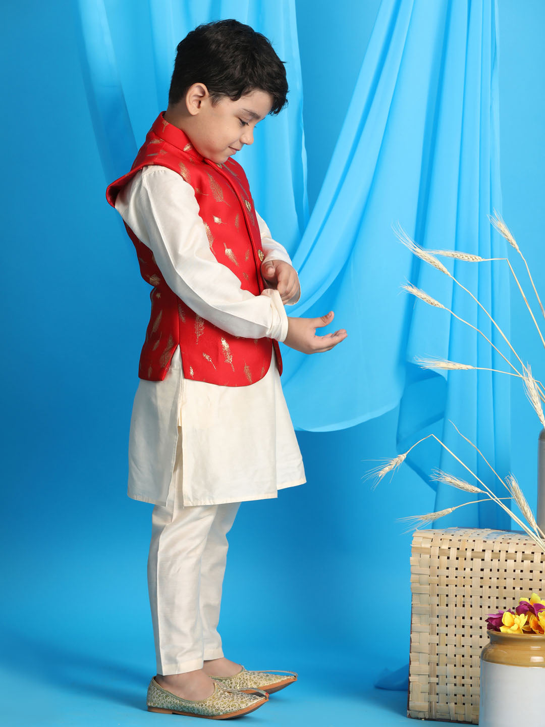 Vastramay boys red color golden printed jacket with cream color kurta pyjama set