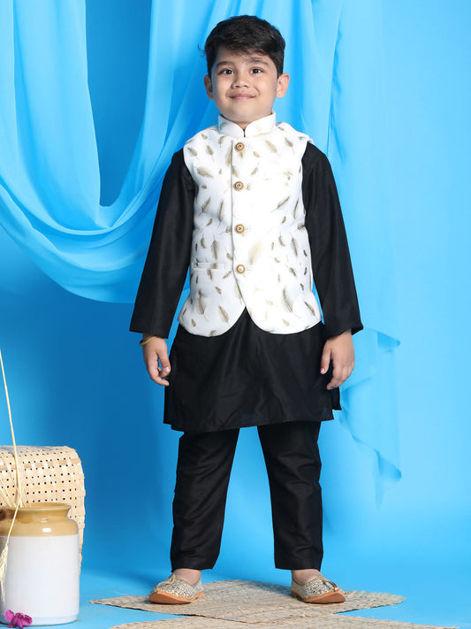 Vastramay white and gold scuba foil print nehru jacket and black color solid kurta pyjama set