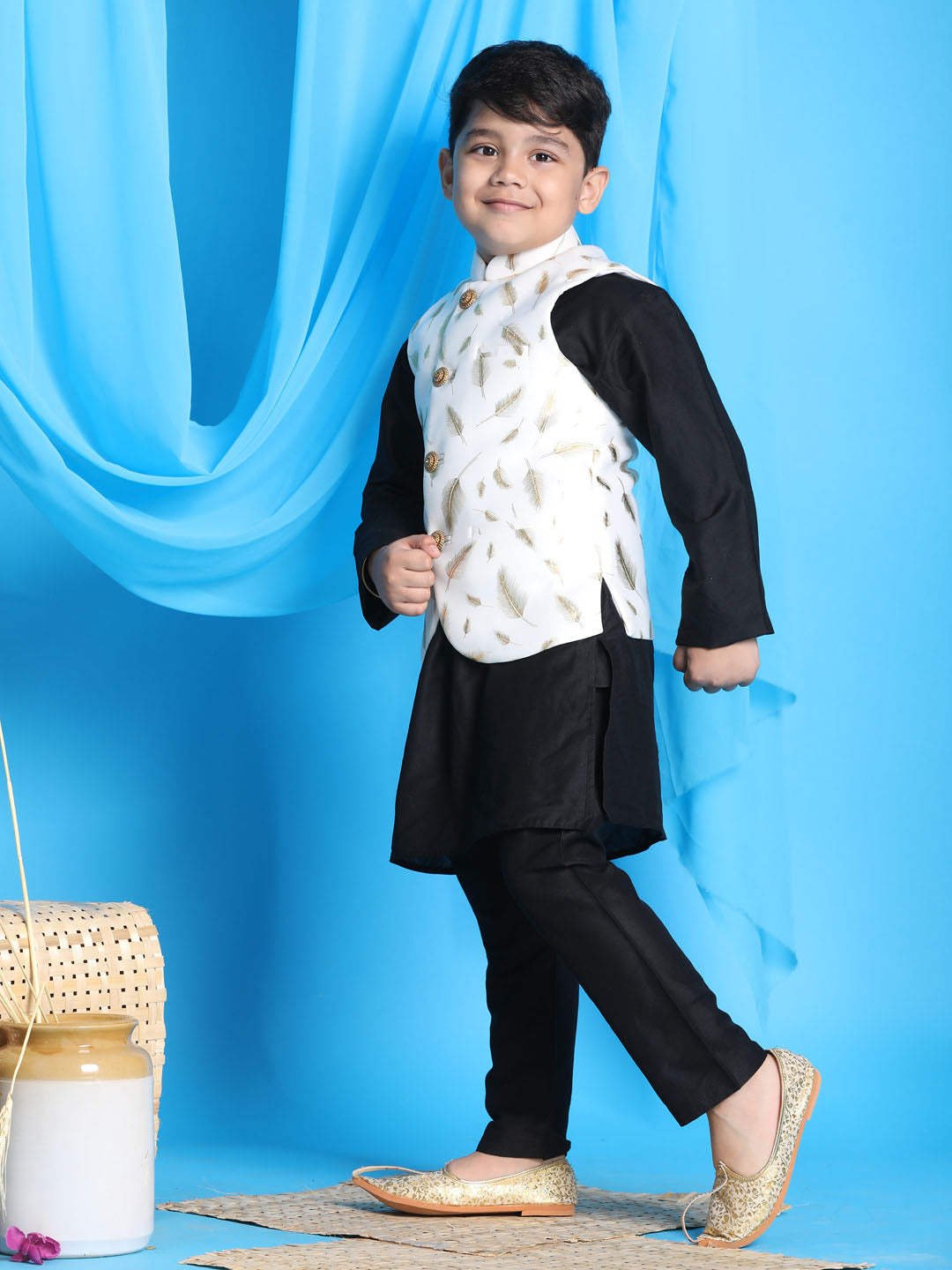 Vastramay white and gold scuba foil print nehru jacket and black color solid kurta pyjama set