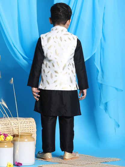 Vastramay white and gold scuba foil print nehru jacket and black color solid kurta pyjama set