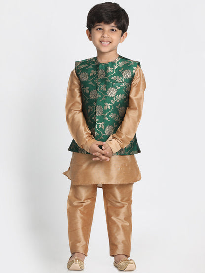 JBN CREATION Boys' Gold Cotton Silk Blend Kurta, Nehru Jacket and Pyjama Set