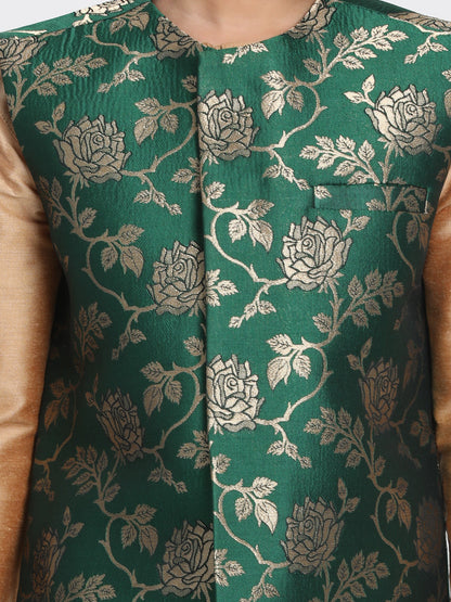 JBN CREATION Boys' Gold Cotton Silk Blend Kurta, Nehru Jacket and Pyjama Set