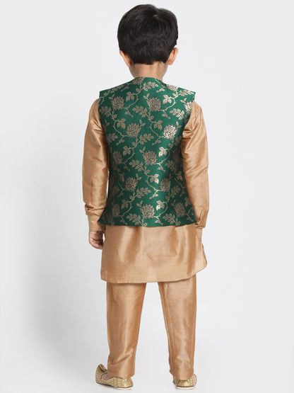 JBN CREATION Boys' Gold Cotton Silk Blend Kurta, Nehru Jacket and Pyjama Set