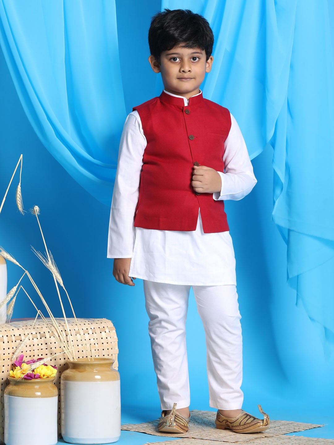 Vastramay boys maroon color solid nehru jacket with white color kurta pyjama set