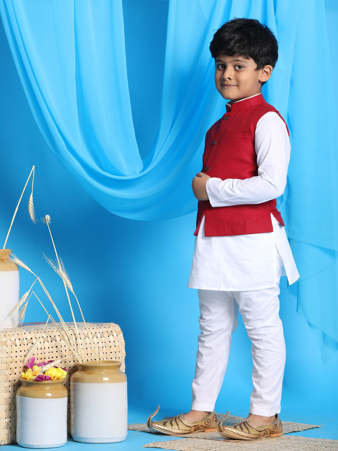 Vastramay boys maroon color solid nehru jacket with white color kurta pyjama set