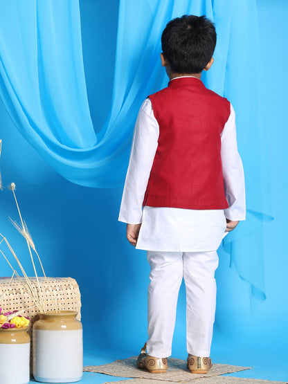 Vastramay boys maroon color solid nehru jacket with white color kurta pyjama set