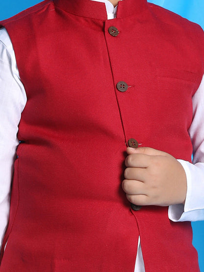 Vastramay boys maroon color solid nehru jacket with white color kurta pyjama set