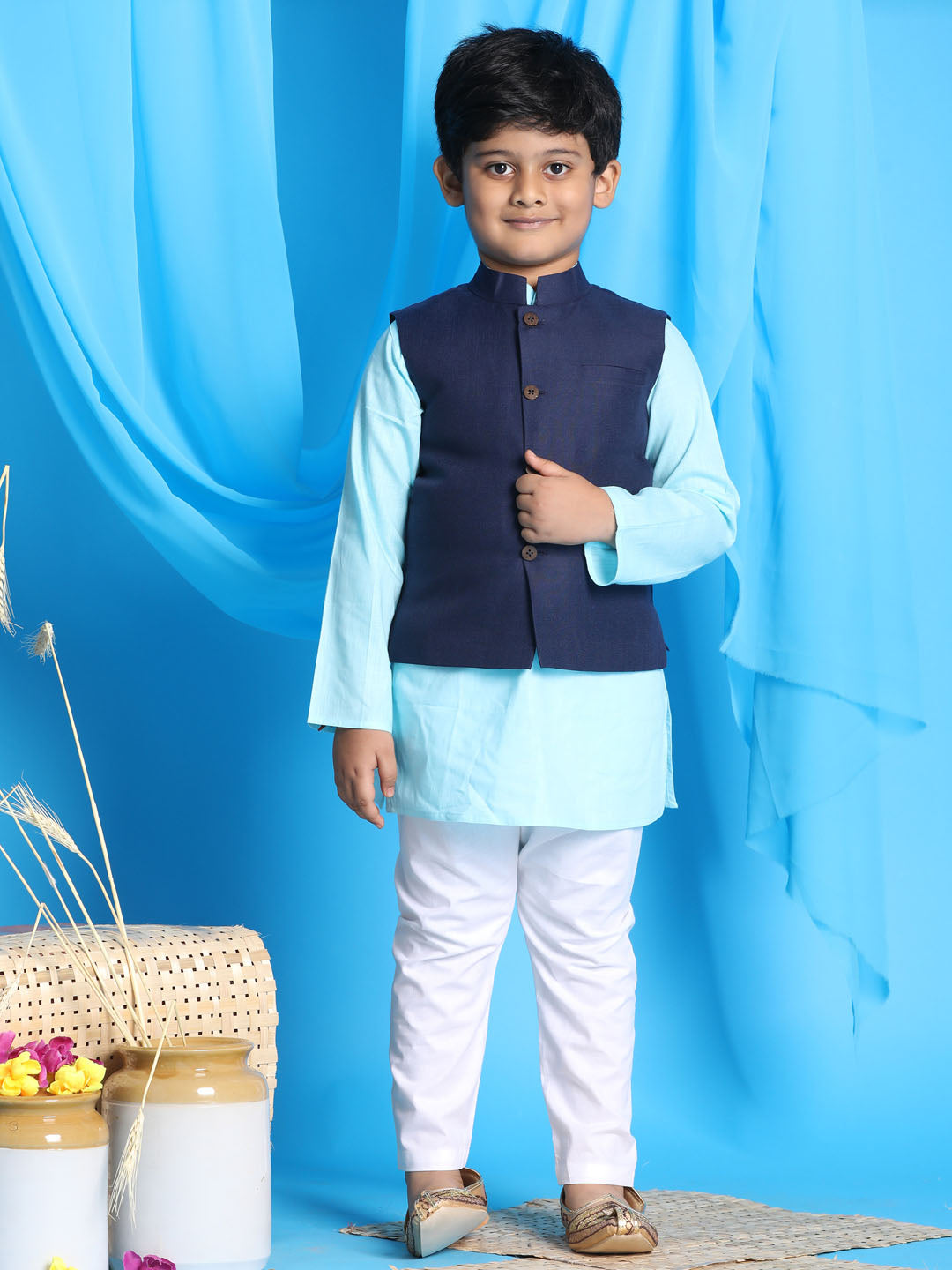 Vastramay boys navy blue solid jacket with aqua blue kurta and white pyjama set