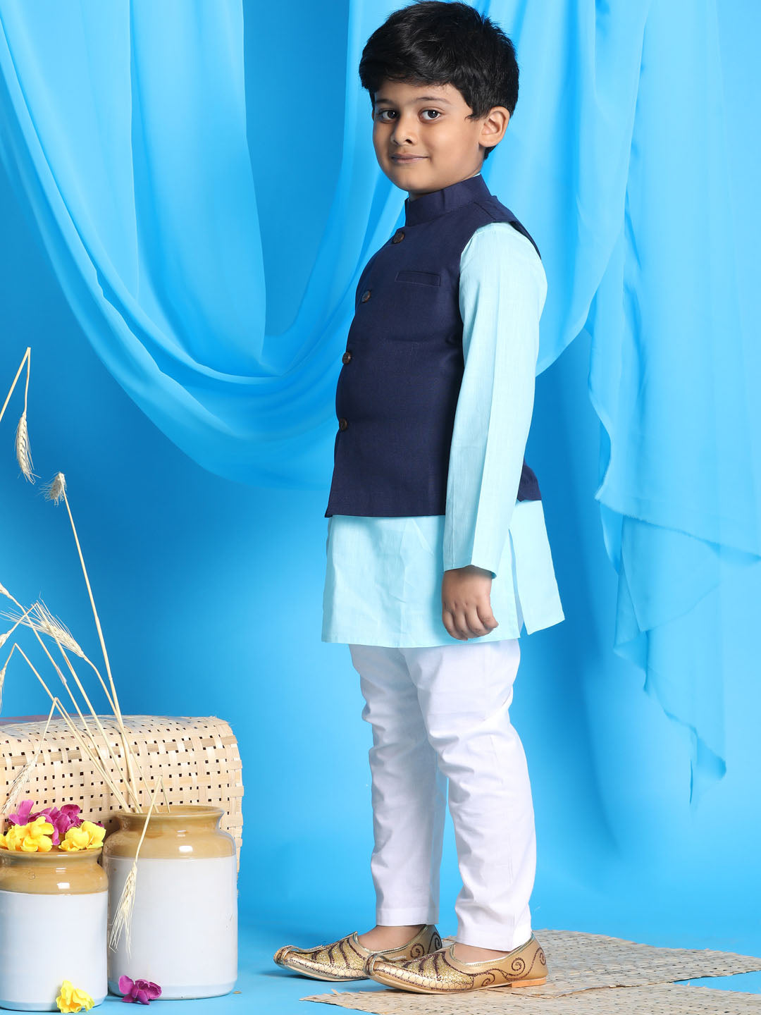 Vastramay boys navy blue solid jacket with aqua blue kurta and white pyjama set