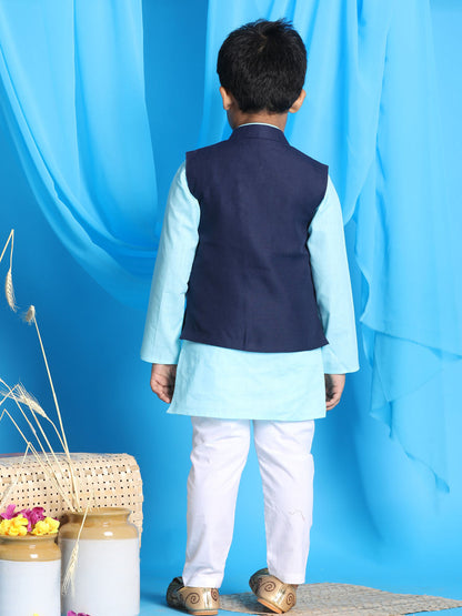 Vastramay boys navy blue solid jacket with aqua blue kurta and white pyjama set