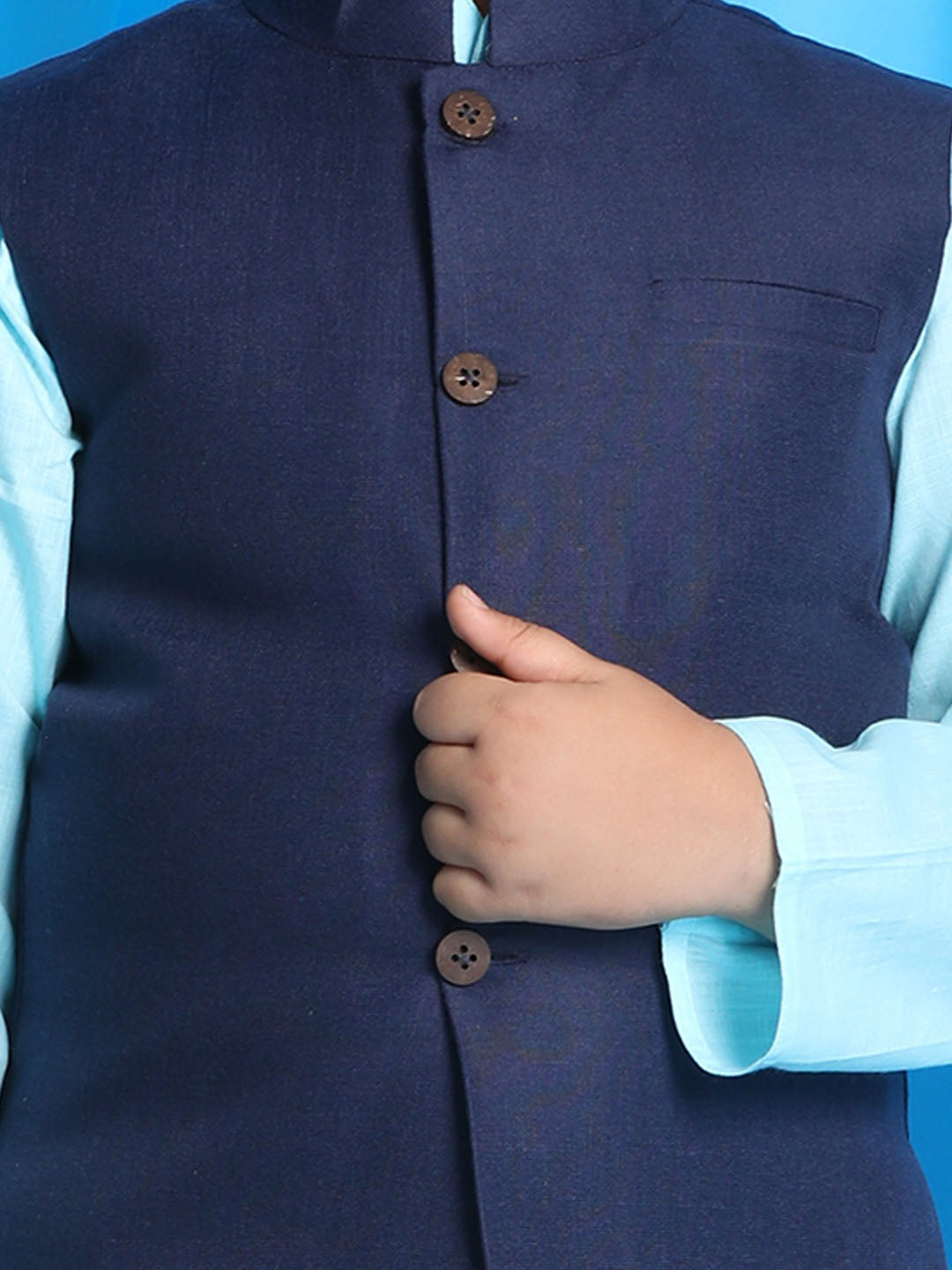 Vastramay boys navy blue solid jacket with aqua blue kurta and white pyjama set