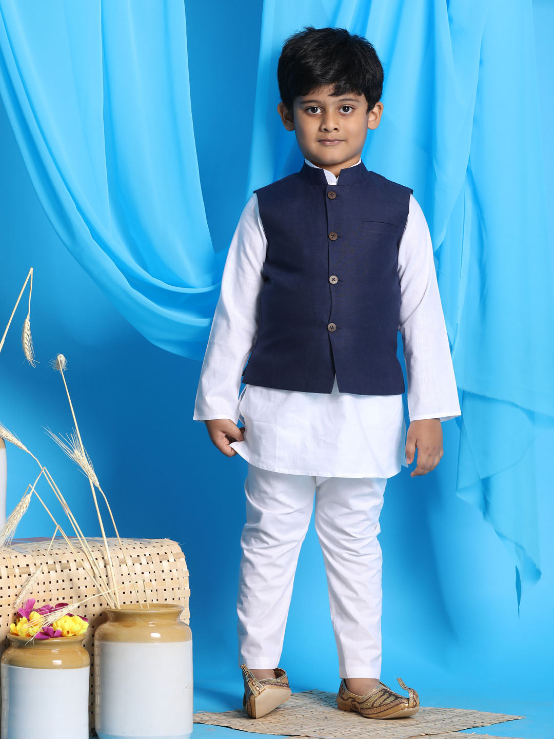 Vastramay boys navy blue color solid nehru jacket with white color kurta pyjama set