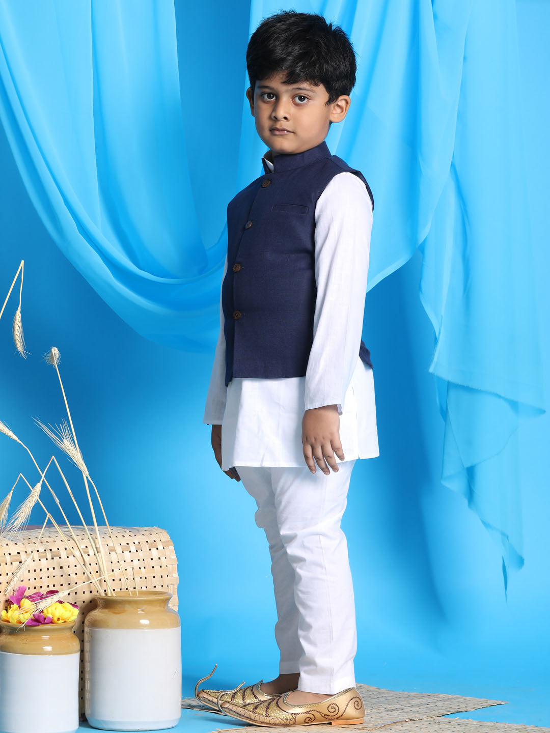 Vastramay boys navy blue color solid nehru jacket with white color kurta pyjama set