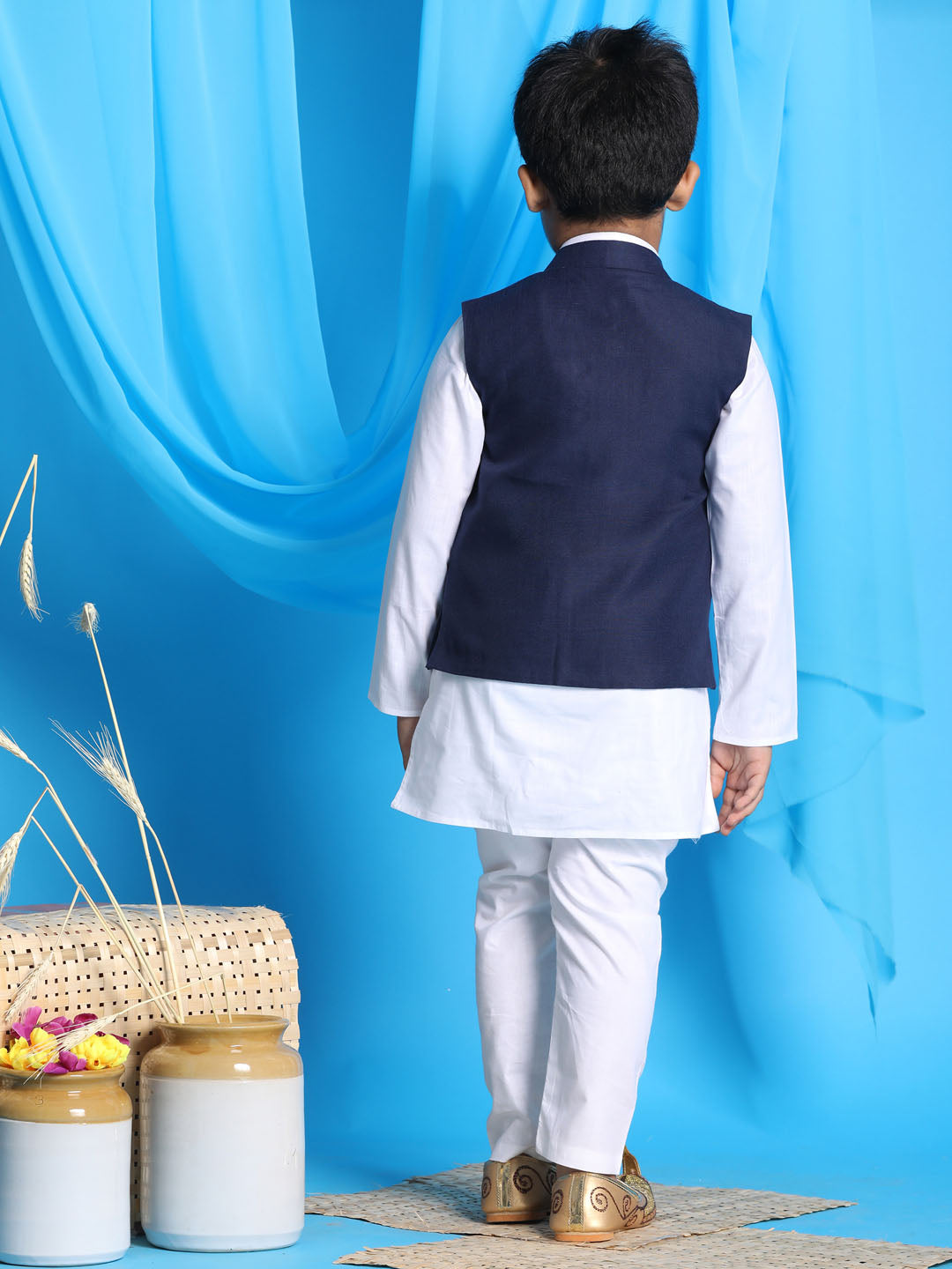 Vastramay boys navy blue color solid nehru jacket with white color kurta pyjama set