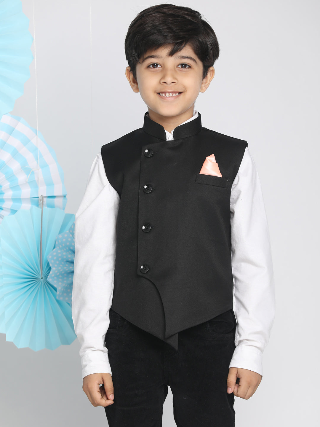 Vastramay Boys Black Solid Satin Nehru Jacket