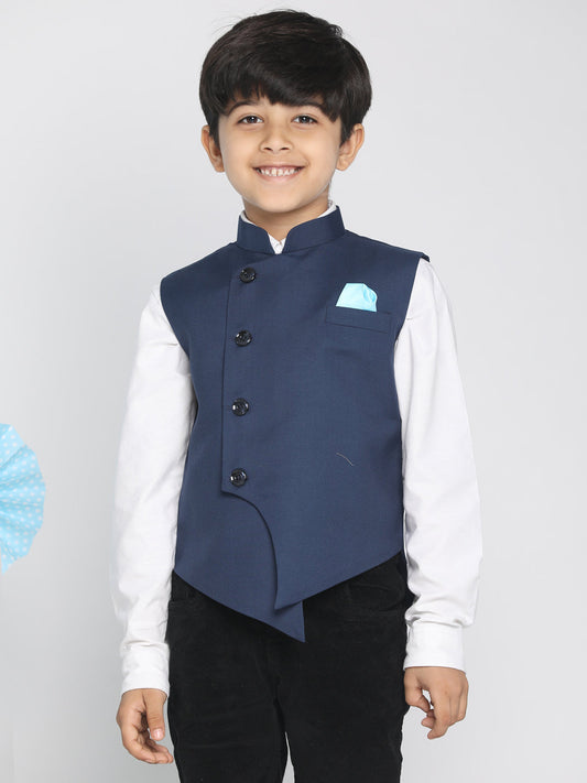 Vastramay Boys Navy Blue Solid Slim-Fit Satin Nehru Jacket