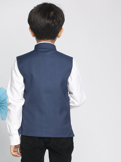 Vastramay Boys Navy Blue Solid Slim-Fit Satin Nehru Jacket