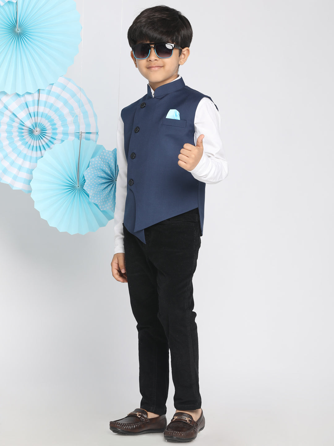 Vastramay Boys Navy Blue Solid Slim-Fit Satin Nehru Jacket