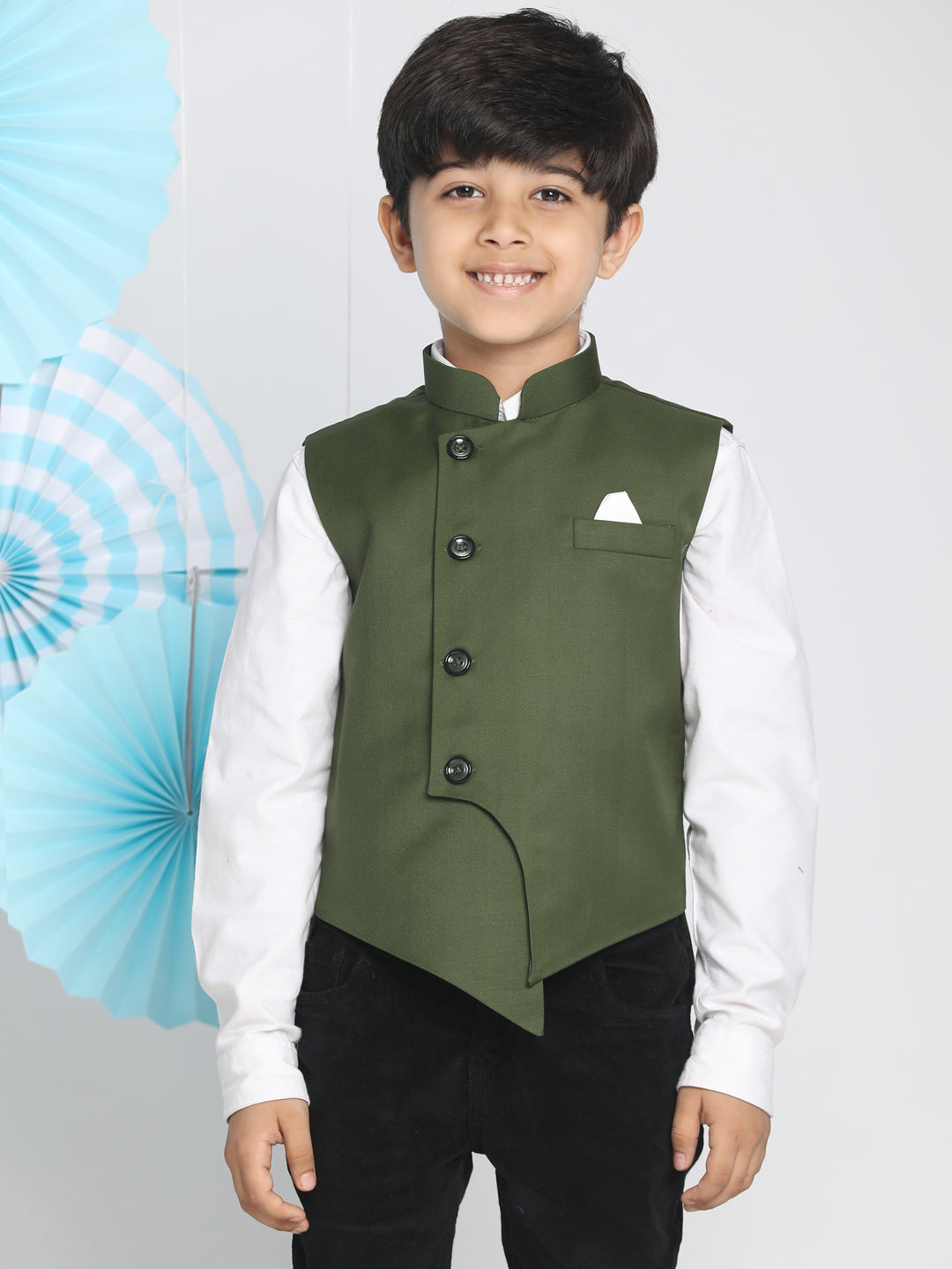 Vastramay Boys Green Solid Satin Nehru Jacket