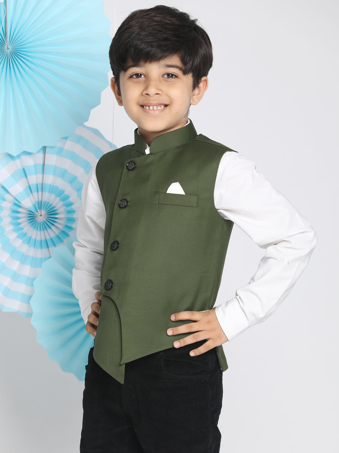 Vastramay Boys Green Solid Satin Nehru Jacket