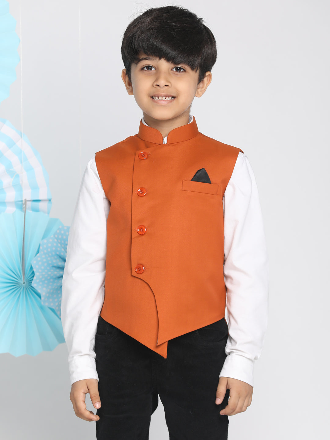 Vastramay Boys Orange Solid Satin Nehru Jacket