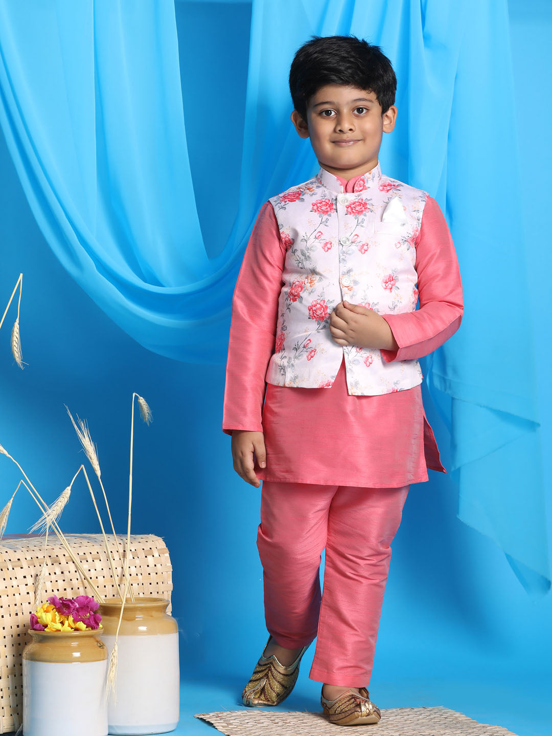 Vastramay boys peach color floral print jacket with pink kurta and pyjama set